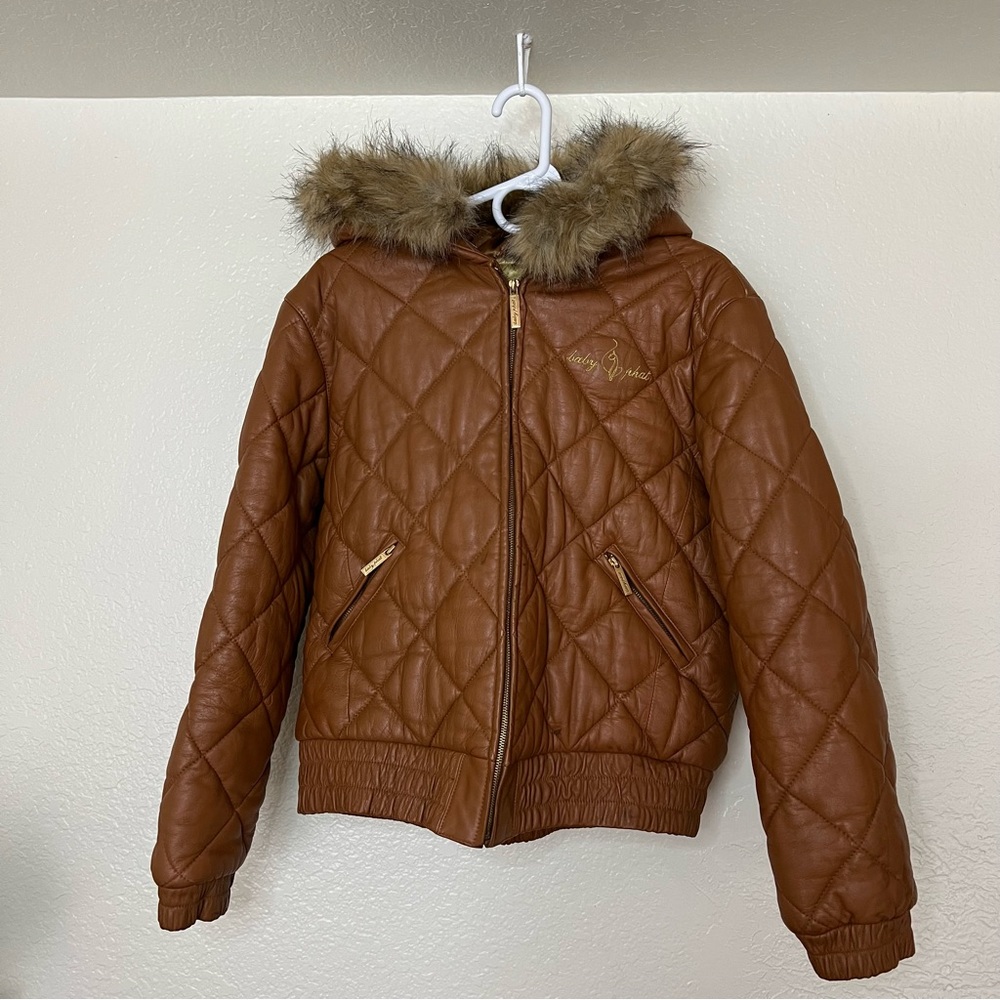 Baby Phat Quilted Leather Hooded Fur Jacket